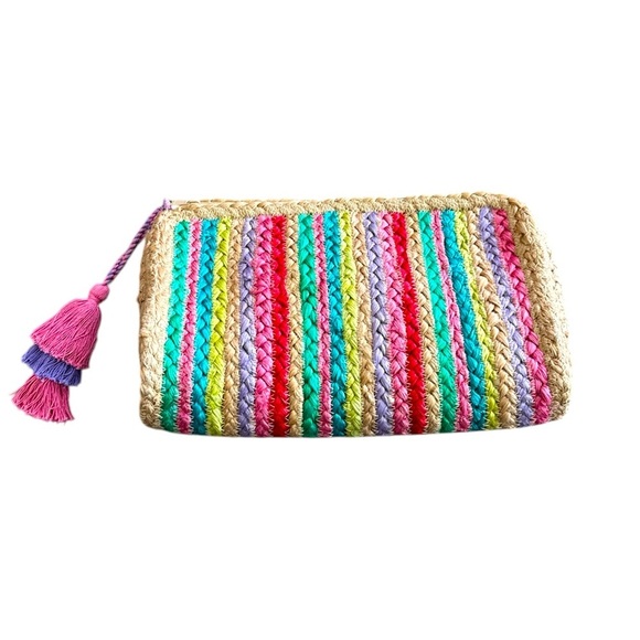 Shiraleah Chicago Melia Multi Color Vegan Jute Clutch Purse Beach Made In India - Picture 2 of 8